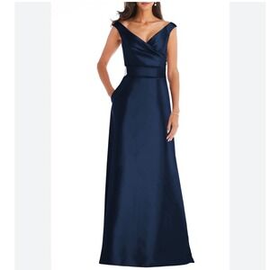 Alfred Sung Navy Midnight Blue Off The Shoulder Satin Gown Size 8 Evening Formal